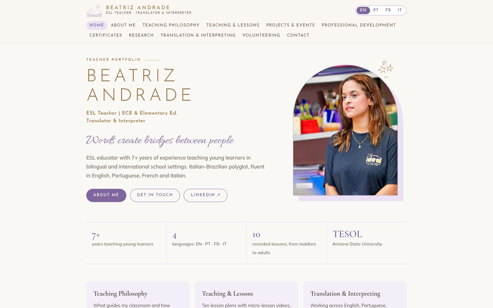 Página inicial do site Beatriz Andrade — Teacher Portfolio